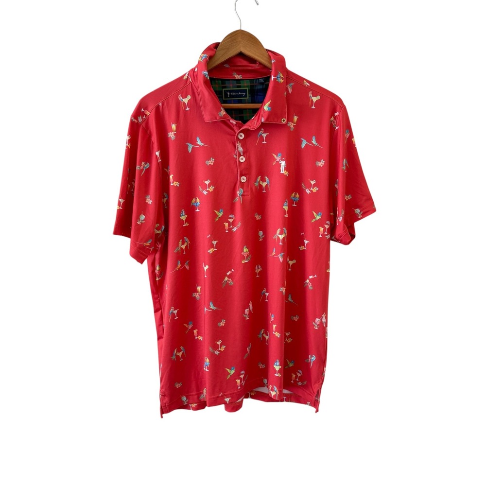 William Murray Polo Shirt Mens L Red Parrot Cocktail All Over Print Golf Beach